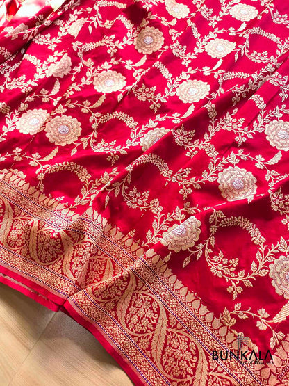 Bridal Red Rose Design Sona Rupa Kadwa Jangla Banarasi Pure Katan Silk Saree