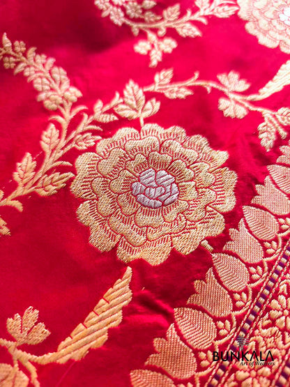 Bridal Red Rose Design Sona Rupa Kadwa Jangla Banarasi Pure Katan Silk Saree