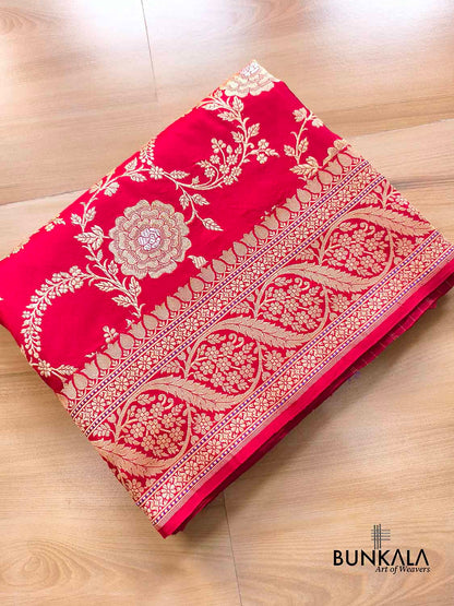 Bridal Red Rose Design Sona Rupa Kadwa Jangla Banarasi Pure Katan Silk Saree
