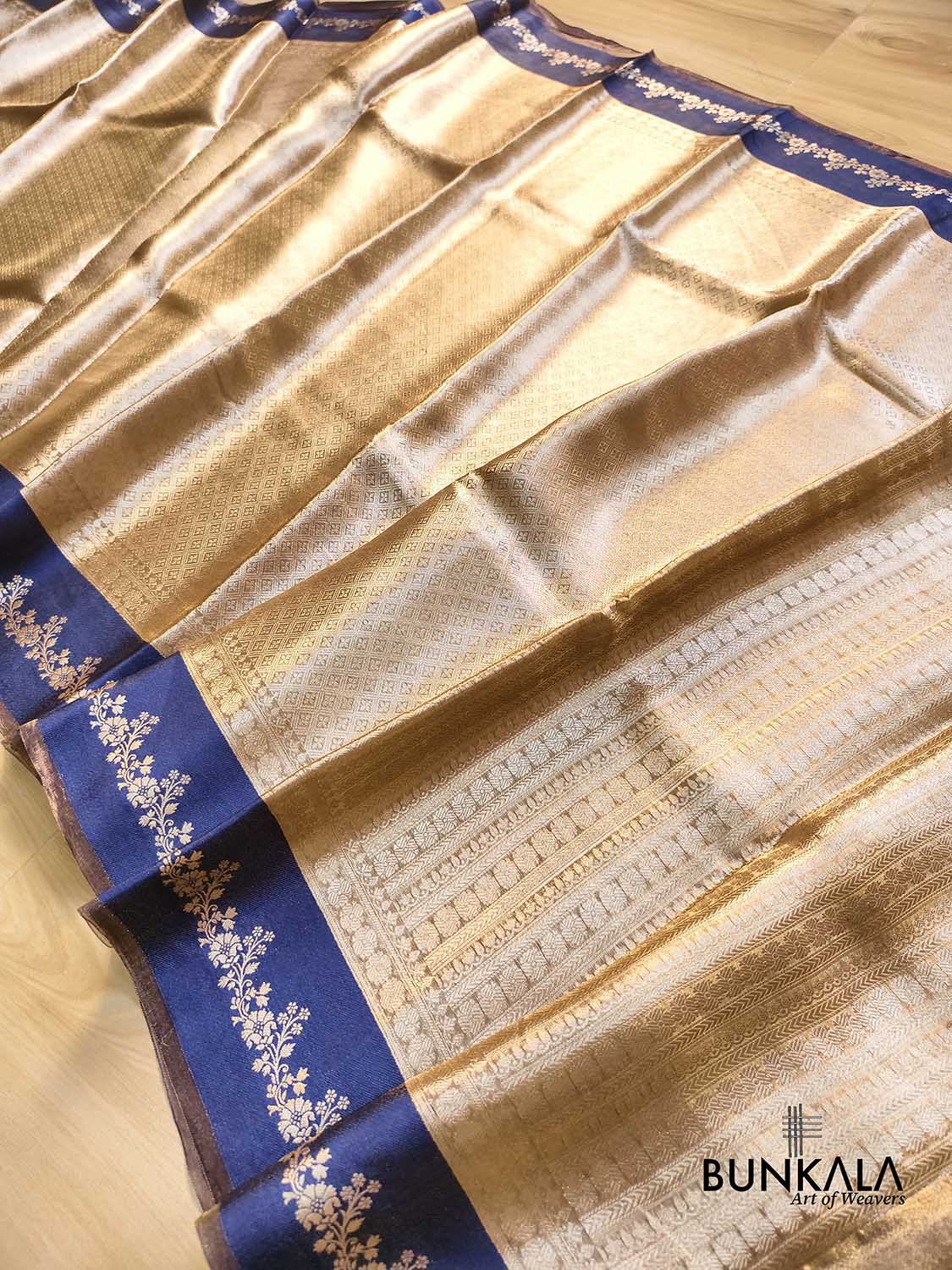 Golden Brocade Handloom Banarasi Pure Tissue Saree with Contrast Royal Blue Katan Silk Floral Border