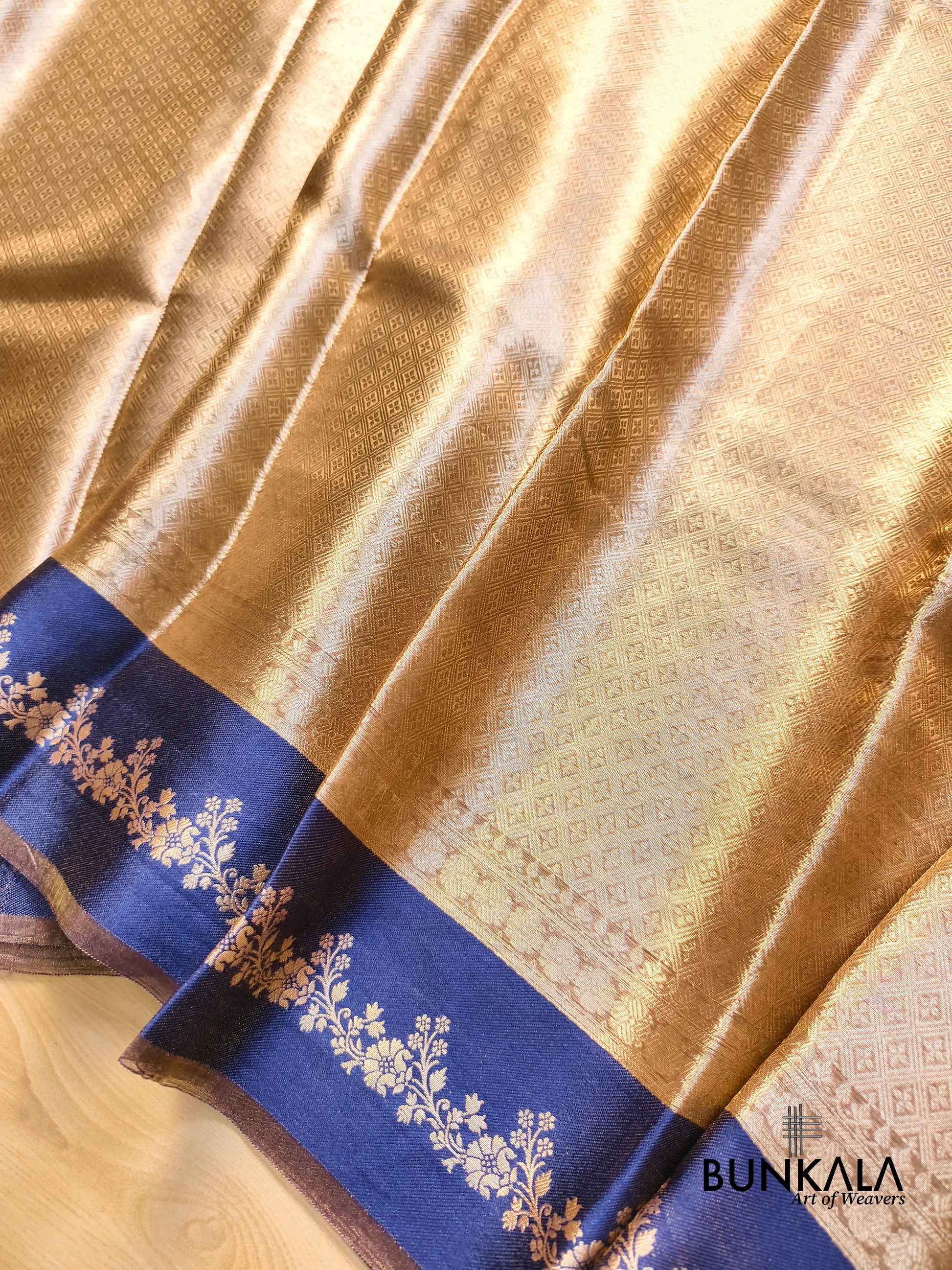 Golden Brocade Handloom Banarasi Pure Tissue Saree with Contrast Royal Blue Katan Silk Floral Border