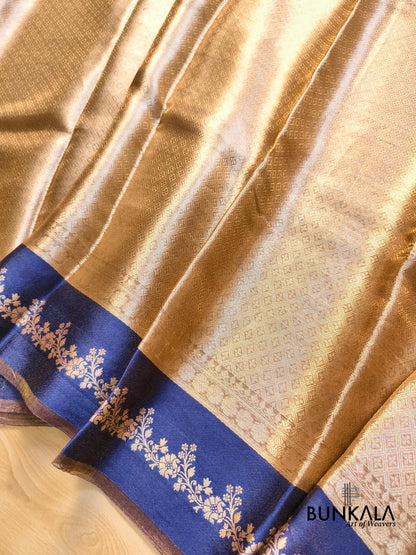 Golden Brocade Handloom Banarasi Pure Tissue Saree with Contrast Royal Blue Katan Silk Floral Border