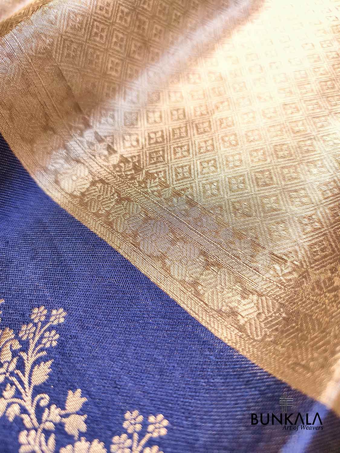 Golden Brocade Handloom Banarasi Pure Tissue Saree with Contrast Royal Blue Katan Silk Floral Border