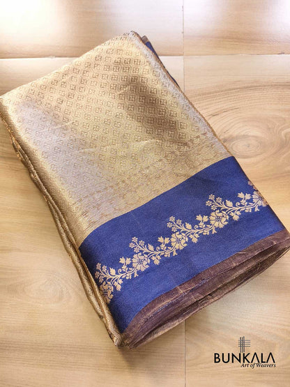 Golden Brocade Handloom Banarasi Pure Tissue Saree with Contrast Royal Blue Katan Silk Floral Border