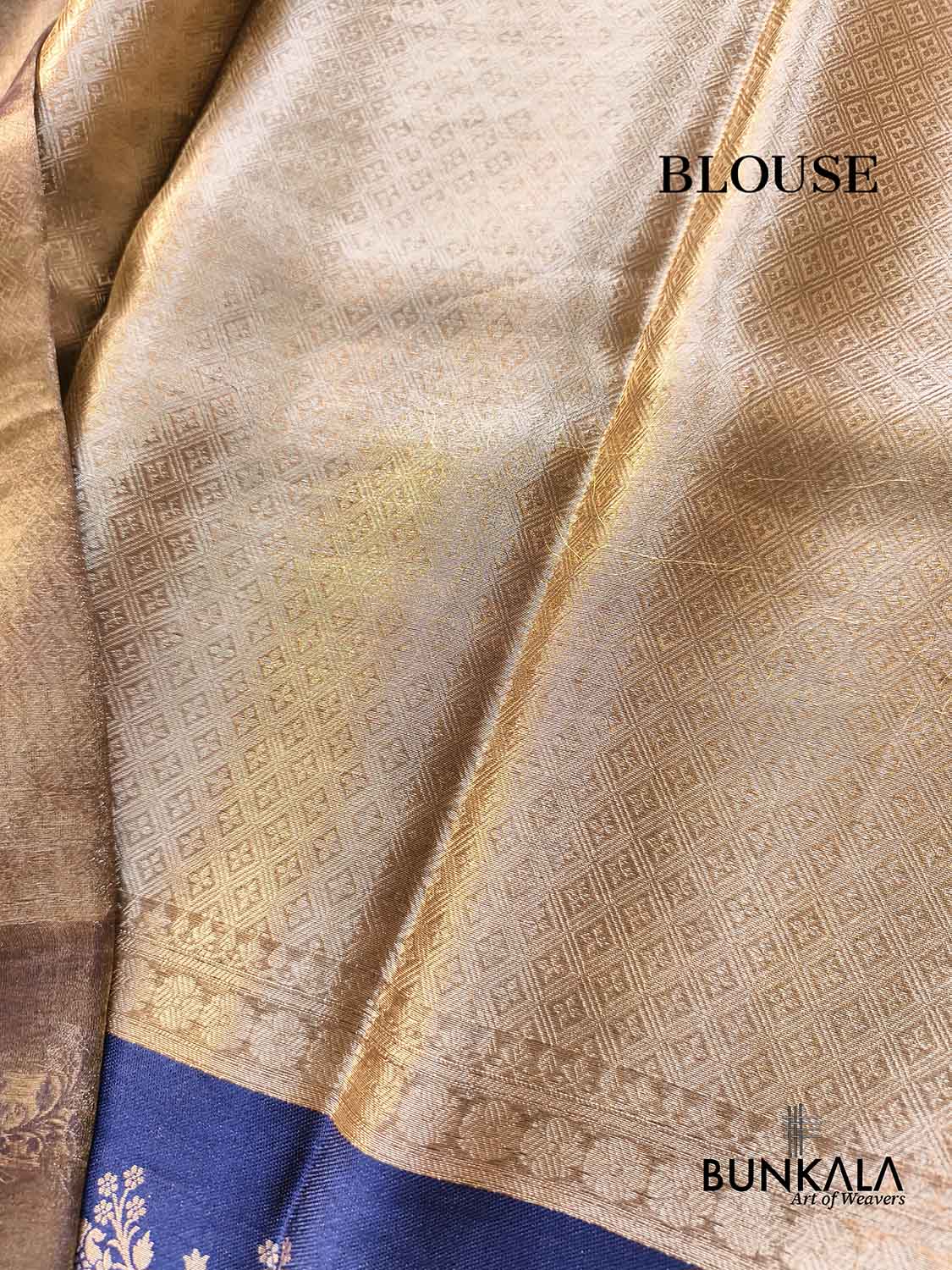 Golden Brocade Handloom Banarasi Pure Tissue Saree with Contrast Royal Blue Katan Silk Floral Border