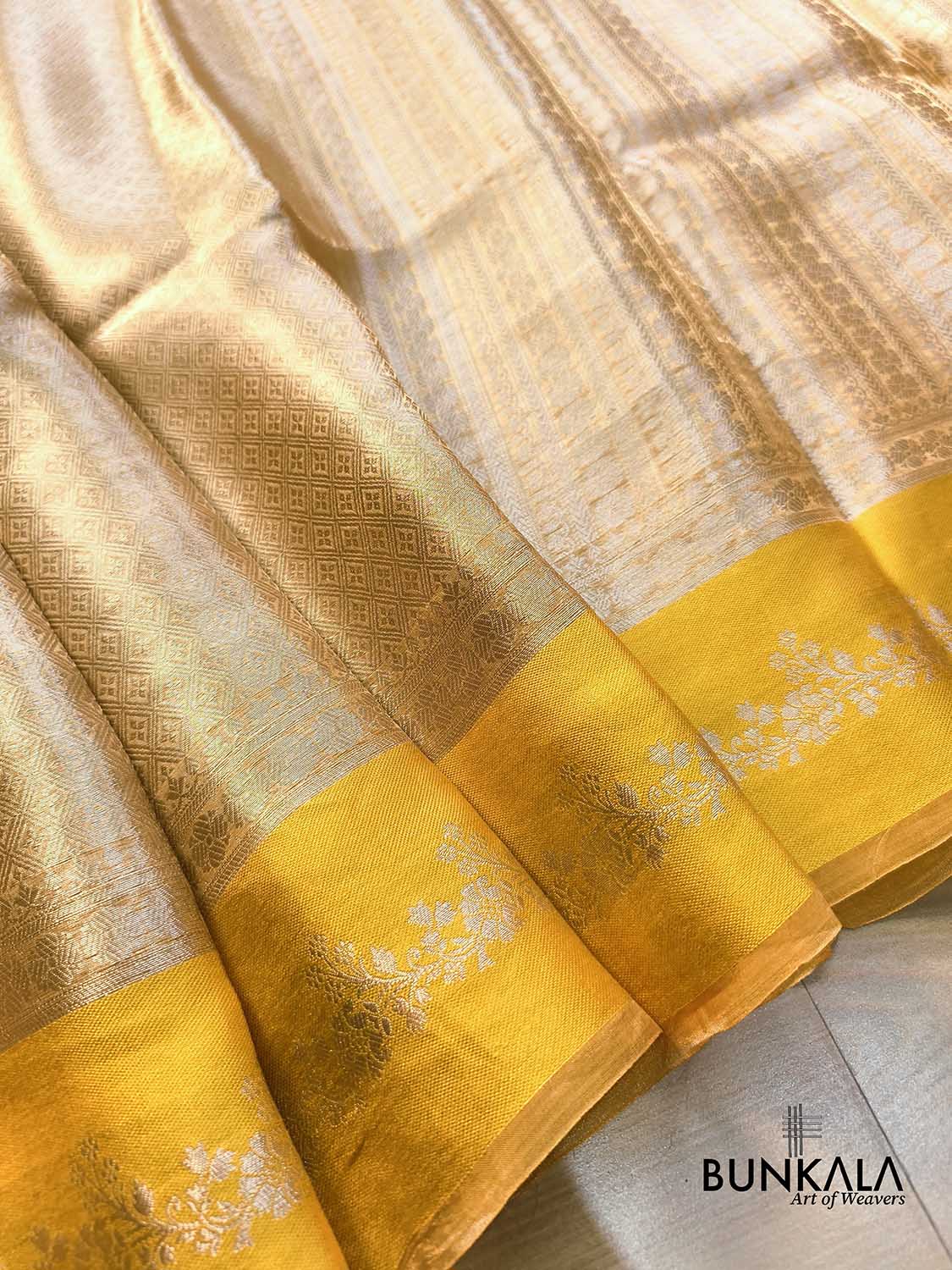 Golden Brocade Handloom Banarasi Pure Tissue Saree with Contrast Bright Yellow Katan Silk Floral Border