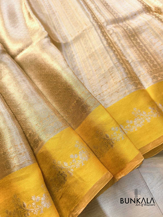 Golden Brocade Handloom Banarasi Pure Tissue Saree with Contrast Bright Yellow Katan Silk Floral Border
