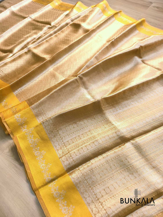 Golden Brocade Handloom Banarasi Pure Tissue Saree with Contrast Bright Yellow Katan Silk Floral Border