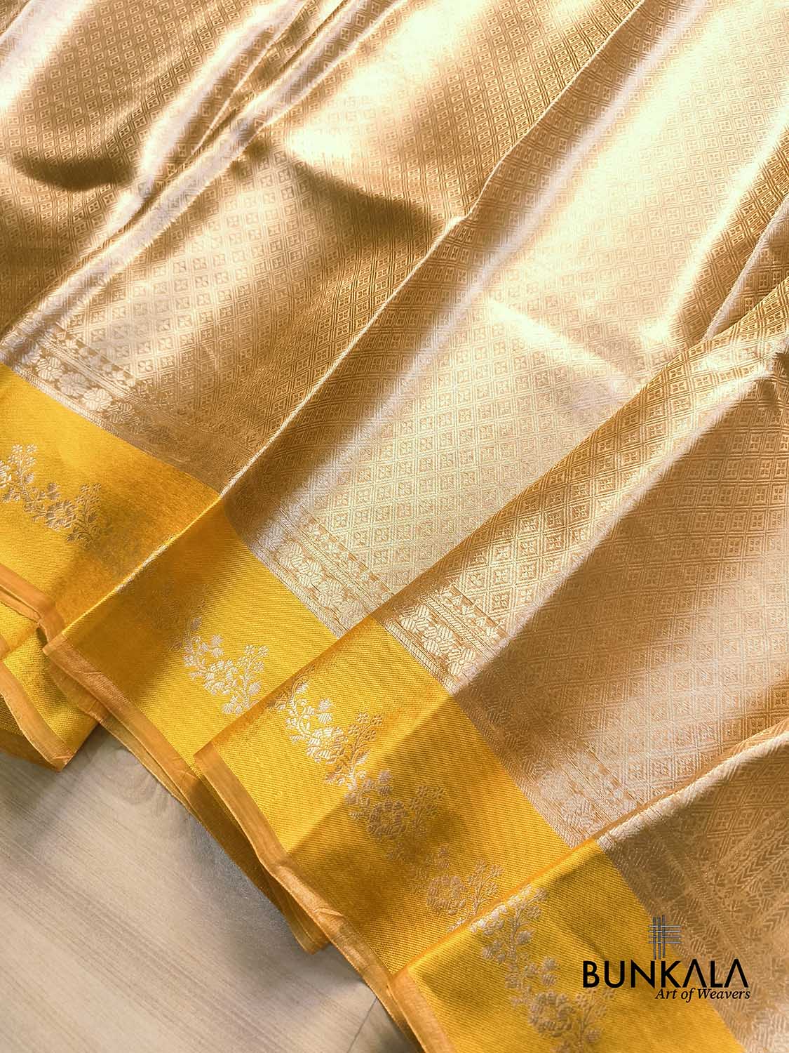 Golden Brocade Handloom Banarasi Pure Tissue Saree with Contrast Bright Yellow Katan Silk Floral Border