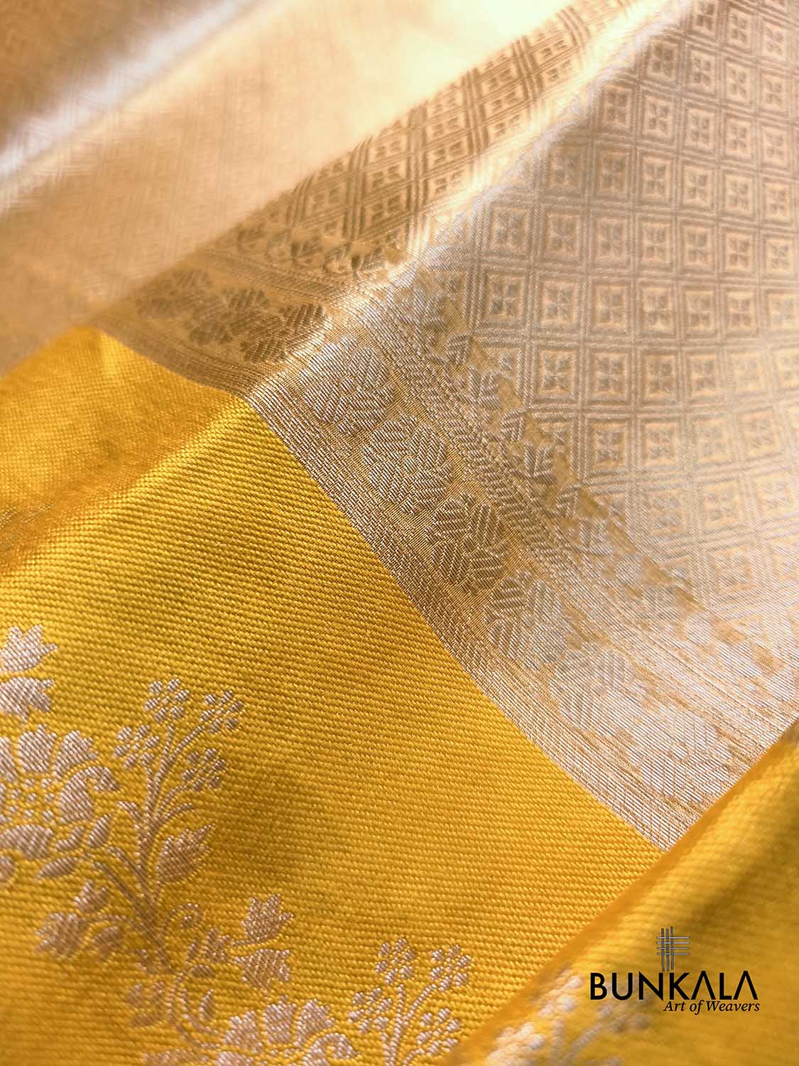 Golden Brocade Handloom Banarasi Pure Tissue Saree with Contrast Bright Yellow Katan Silk Floral Border