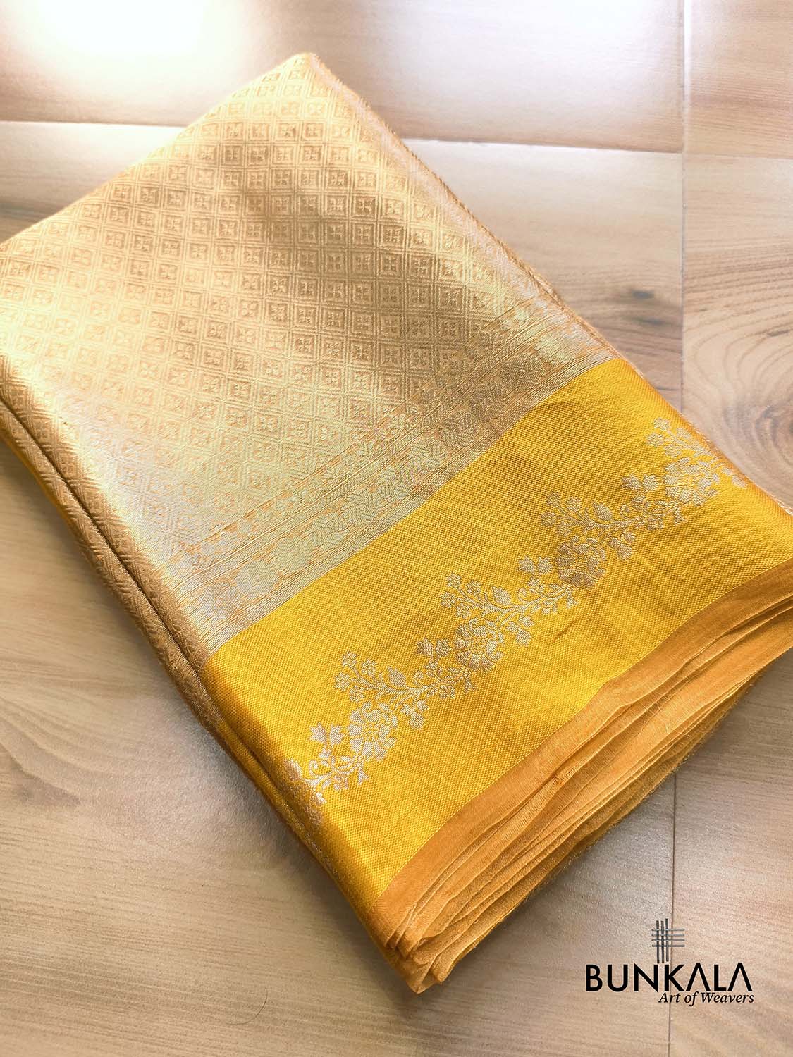 Golden Brocade Handloom Banarasi Pure Tissue Saree with Contrast Bright Yellow Katan Silk Floral Border