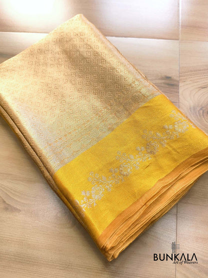 Golden Brocade Handloom Banarasi Pure Tissue Saree with Contrast Bright Yellow Katan Silk Floral Border
