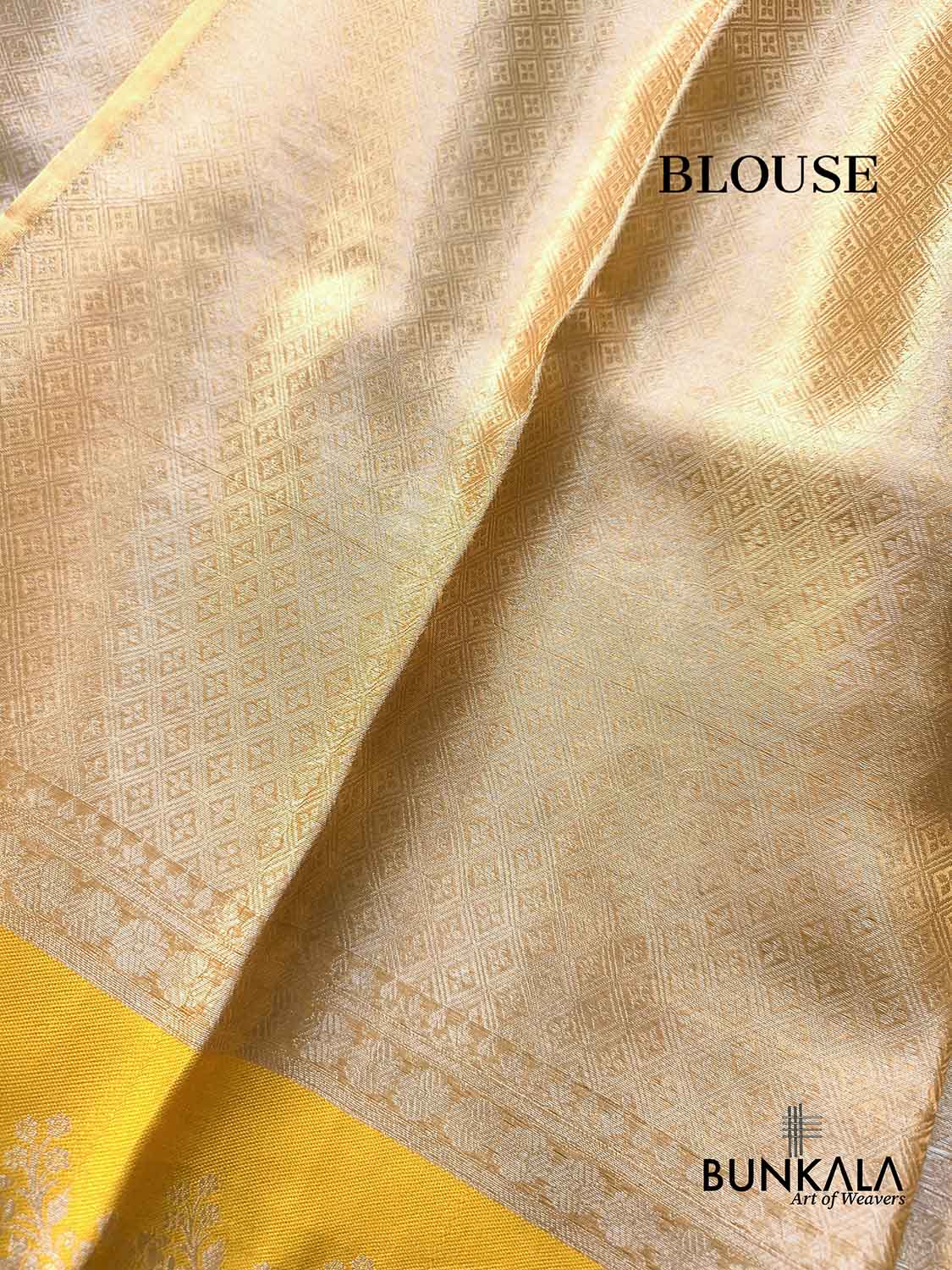 Golden Brocade Handloom Banarasi Pure Tissue Saree with Contrast Bright Yellow Katan Silk Floral Border