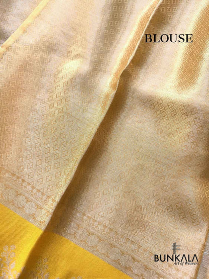 Golden Brocade Handloom Banarasi Pure Tissue Saree with Contrast Bright Yellow Katan Silk Floral Border