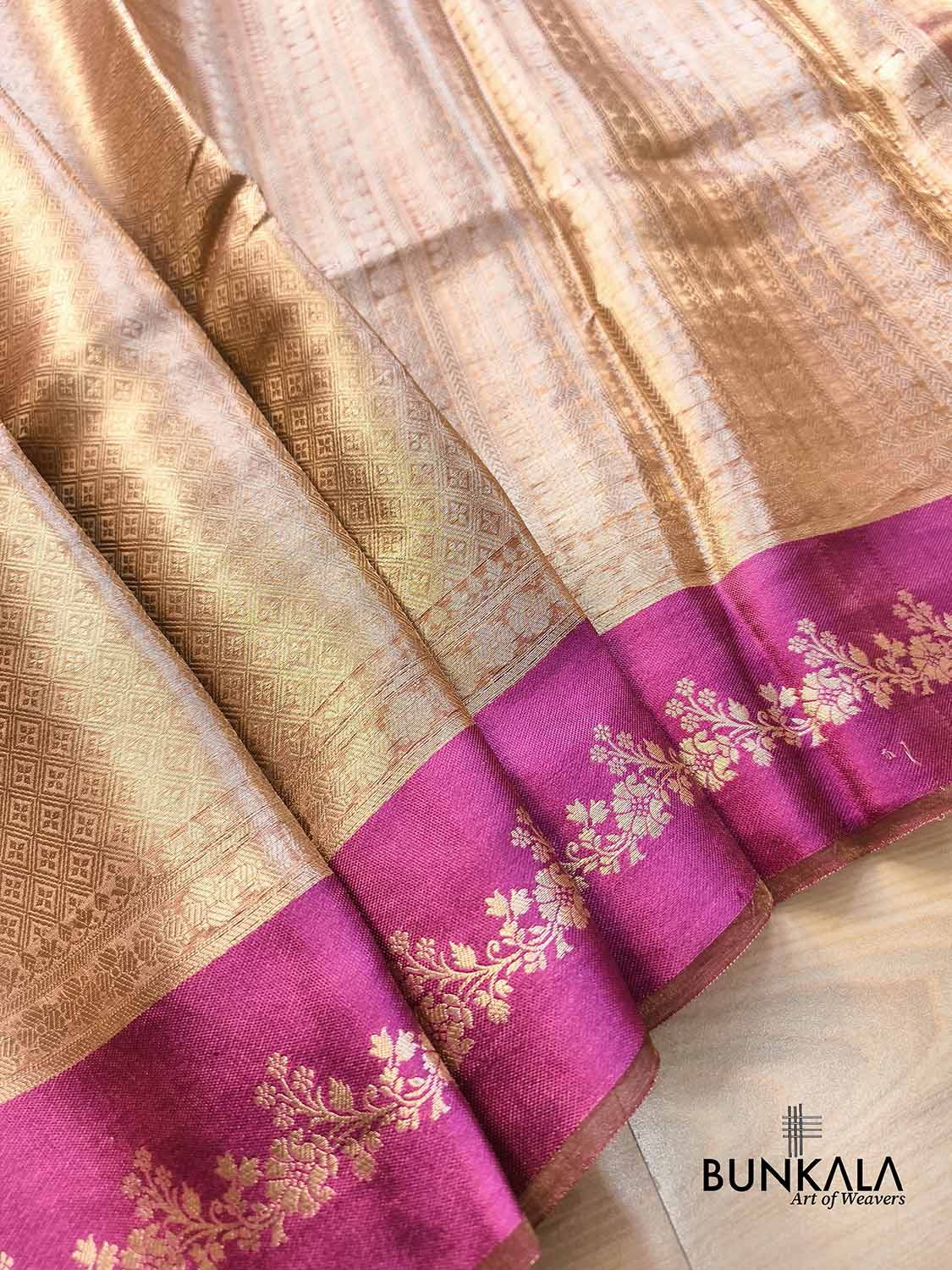 Golden Brocade Handloom Banarasi Pure Tissue Saree with Contrast Bright Pink Katan Silk Floral Border