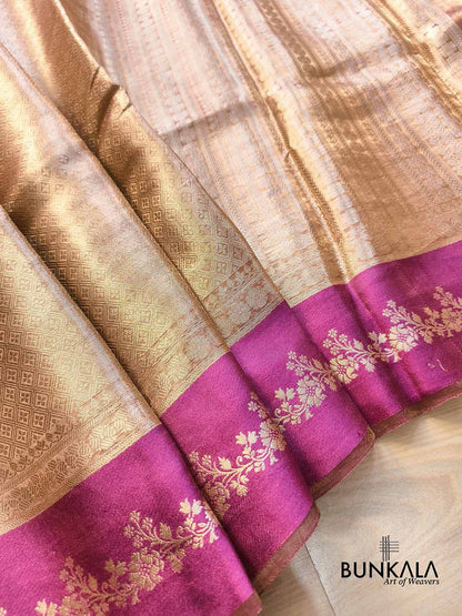 Golden Brocade Handloom Banarasi Pure Tissue Saree with Contrast Bright Pink Katan Silk Floral Border