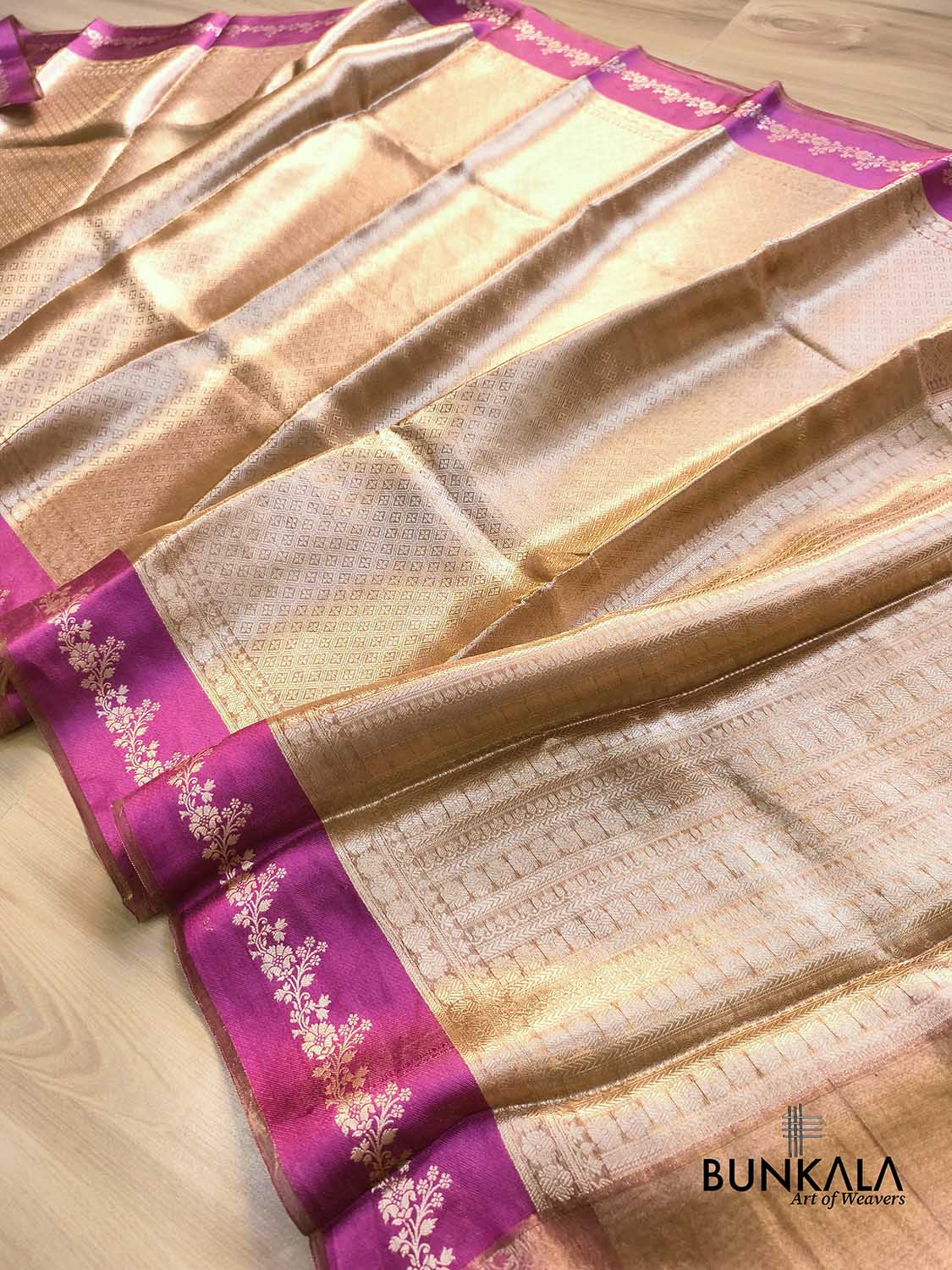 Golden Brocade Handloom Banarasi Pure Tissue Saree with Contrast Bright Pink Katan Silk Floral Border