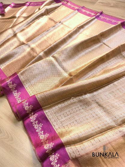 Golden Brocade Handloom Banarasi Pure Tissue Saree with Contrast Bright Pink Katan Silk Floral Border