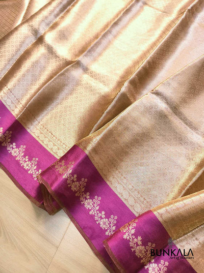 Golden Brocade Handloom Banarasi Pure Tissue Saree with Contrast Bright Pink Katan Silk Floral Border