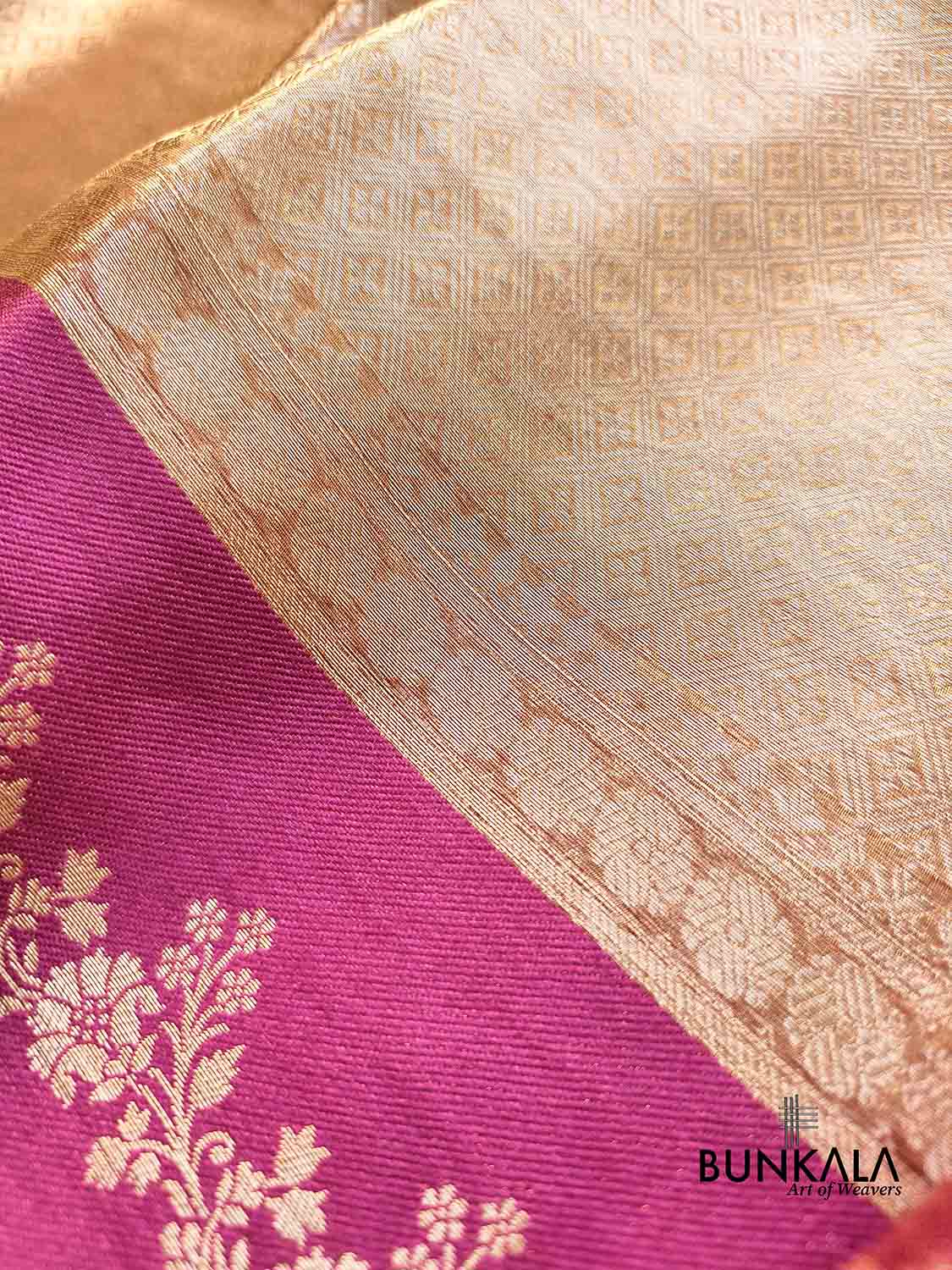 Golden Brocade Handloom Banarasi Pure Tissue Saree with Contrast Bright Pink Katan Silk Floral Border