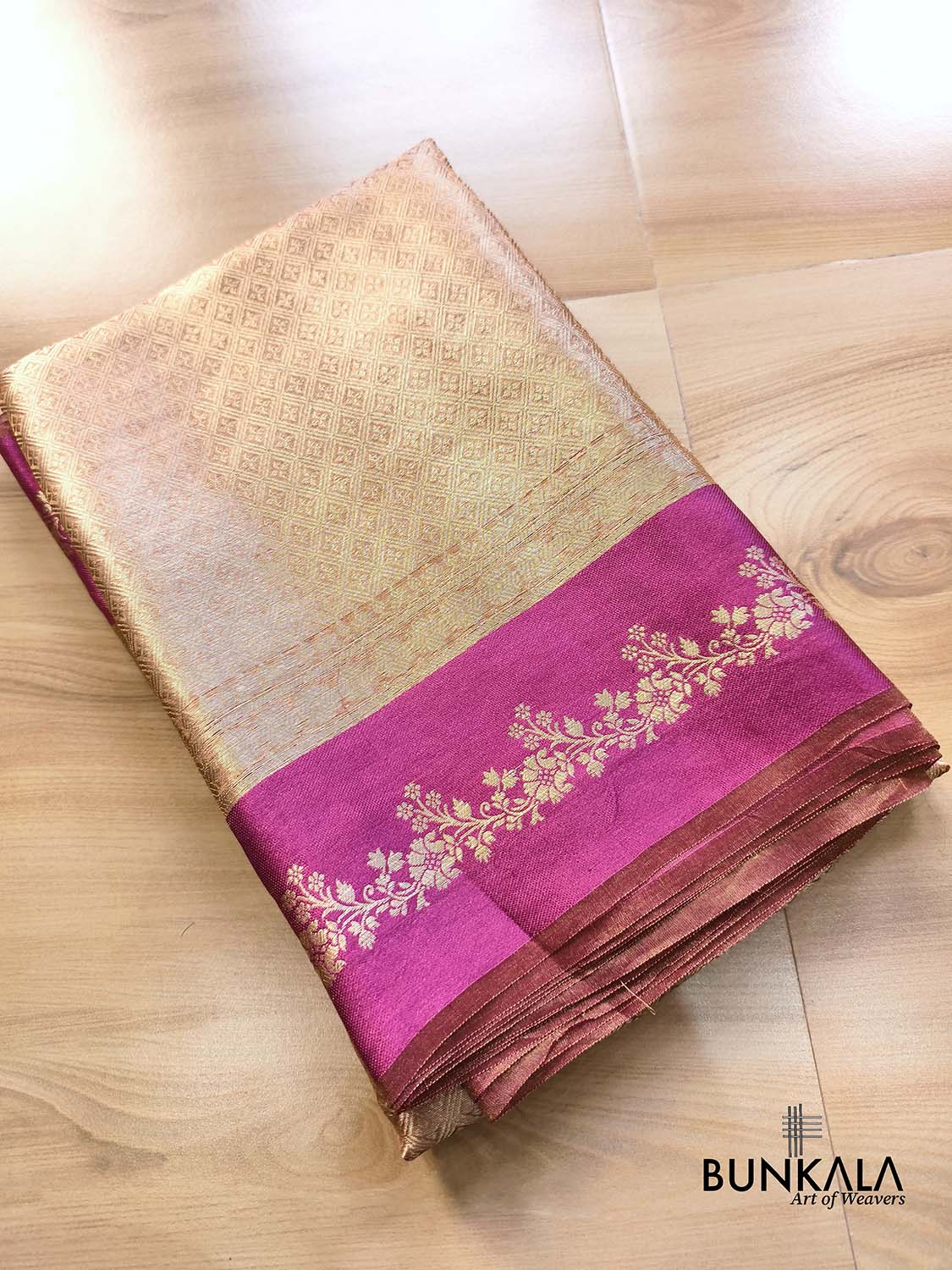 Golden Brocade Handloom Banarasi Pure Tissue Saree with Contrast Bright Pink Katan Silk Floral Border