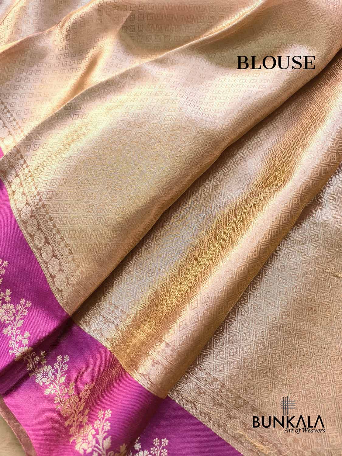Golden Brocade Handloom Banarasi Pure Tissue Saree with Contrast Bright Pink Katan Silk Floral Border
