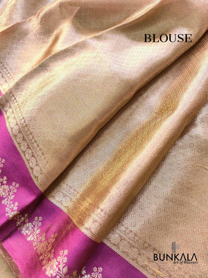 Golden Brocade Handloom Banarasi Pure Tissue Saree with Contrast Bright Pink Katan Silk Floral Border
