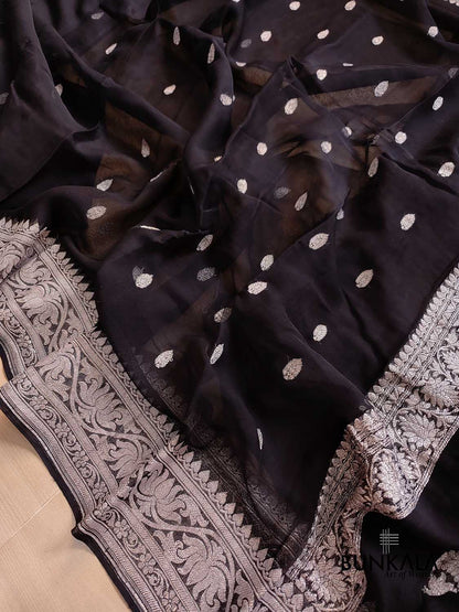 Black Pure Khaddi Chiffon Allover Silver Zari Buti Handloom Banarasi Saree