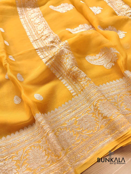 Yellow Pure Khaddi Chiffon Allover Silver Zari Buti Handloom Banarasi Saree