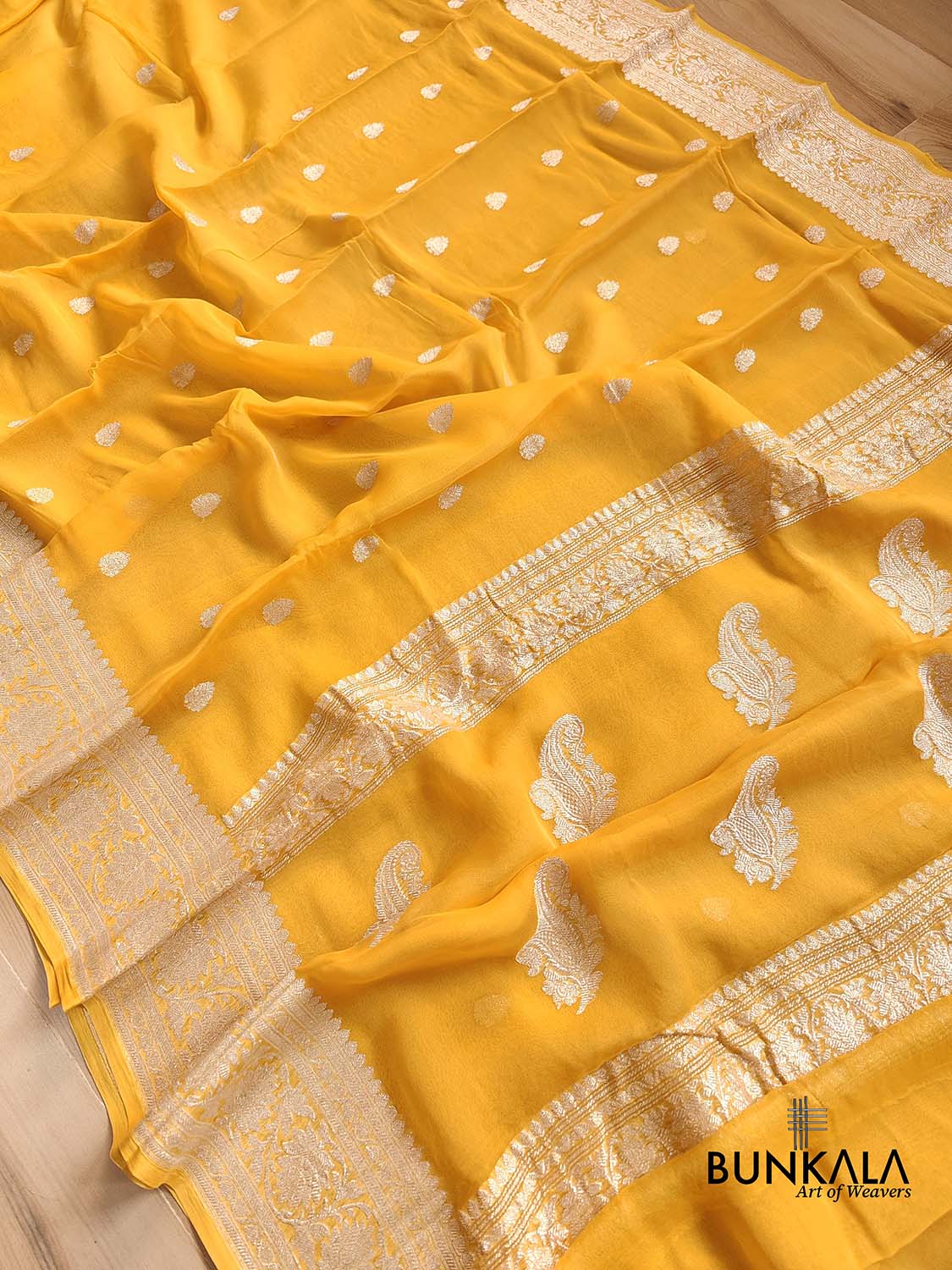 Yellow Pure Khaddi Chiffon Allover Silver Zari Buti Handloom Banarasi Saree