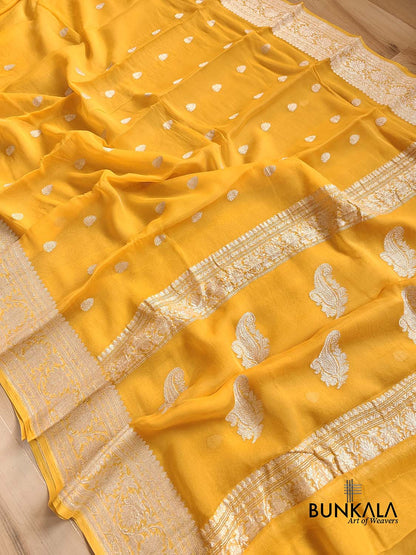 Yellow Pure Khaddi Chiffon Allover Silver Zari Buti Handloom Banarasi Saree