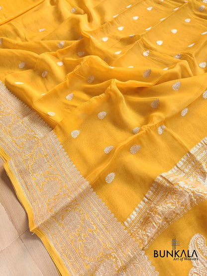 Yellow Pure Khaddi Chiffon Allover Silver Zari Buti Handloom Banarasi Saree