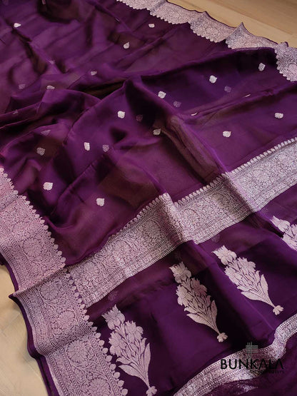 Dark Purple Pure Khaddi Chiffon Allover Silver Zari Buti Handloom Banarasi Saree