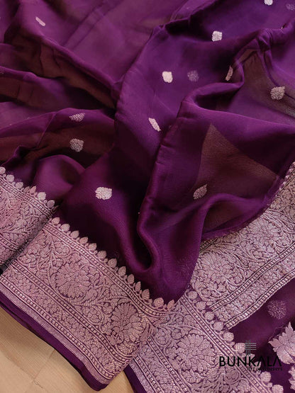 Dark Purple Pure Khaddi Chiffon Allover Silver Zari Buti Handloom Banarasi Saree
