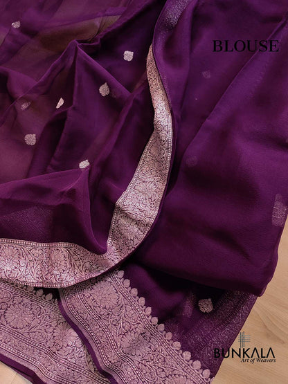 Dark Purple Pure Khaddi Chiffon Allover Silver Zari Buti Handloom Banarasi Saree