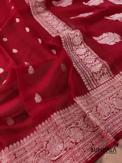 Maroon Pure Khaddi Chiffon Allover Silver Zari Buti Handloom Banarasi Saree