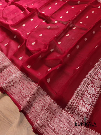 Maroon Pure Khaddi Chiffon Allover Silver Zari Buti Handloom Banarasi Saree