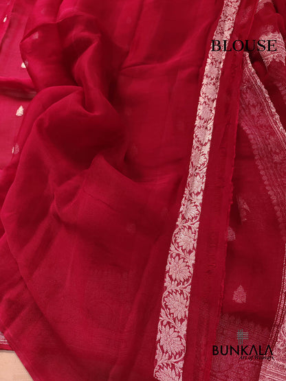 Maroon Pure Khaddi Chiffon Allover Silver Zari Buti Handloom Banarasi Saree