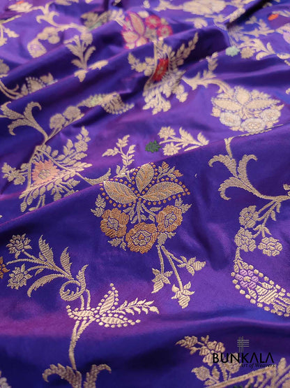 Royal Plum Melody Purple Two Tone Floral Nakshi Heritage Design Pure Katan Silk Kadwa Handwoven Meenakari Banarasi Saree