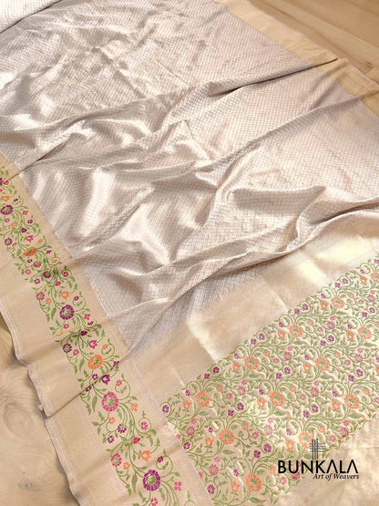 Moonlit Grey Pure Katan Silk Handloom Gold and Silver Zari Banarasi Saree with Meenakari Border