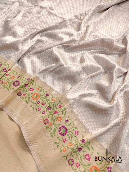 Moonlit Grey Pure Katan Silk Handloom Gold and Silver Zari Banarasi Saree with Meenakari Border