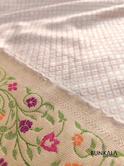 Moonlit Grey Pure Katan Silk Handloom Gold and Silver Zari Banarasi Saree with Meenakari Border