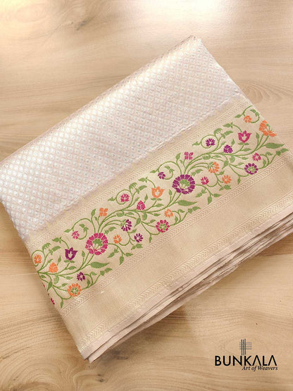 Moonlit Grey Pure Katan Silk Handloom Gold and Silver Zari Banarasi Saree with Meenakari Border