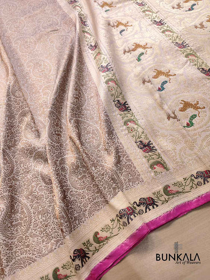 Off White Shikargha Brocade Handloom Banarasi Pure Katan Silk Saree