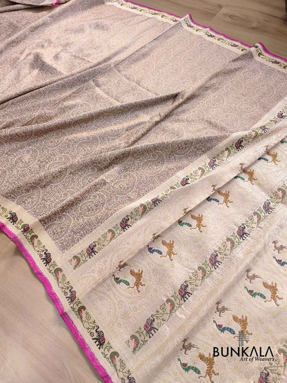 Off White Shikargha Brocade Handloom Banarasi Pure Katan Silk Saree
