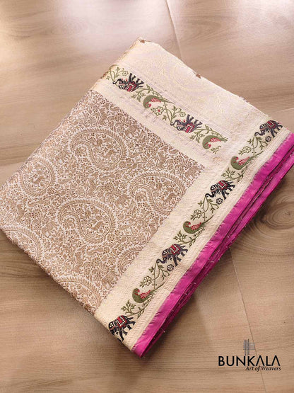 Off White Shikargha Brocade Handloom Banarasi Pure Katan Silk Saree