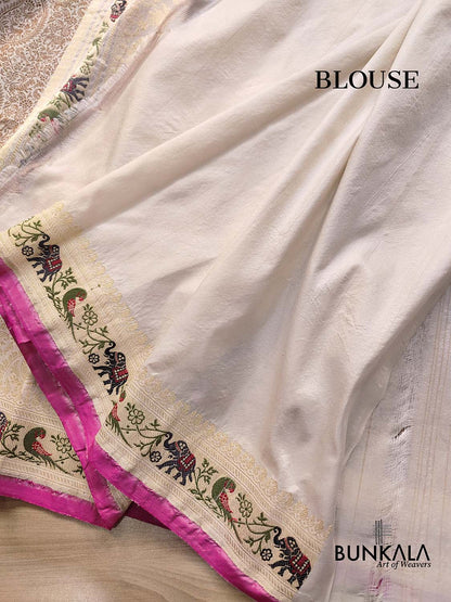 Off White Shikargha Brocade Handloom Banarasi Pure Katan Silk Saree