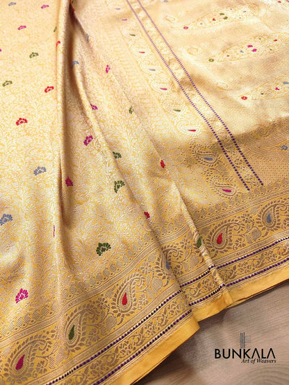 Mustard Yellow Meenakari Brocade Kadwa Handweaved Banarasi Pure Katan Silk Saree