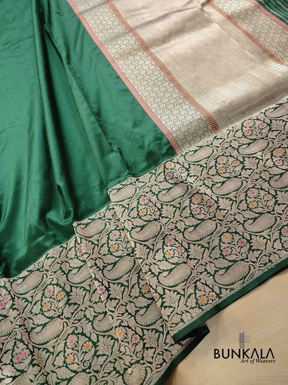 Bottle Green Meenakari Border Plain Handloom Banarasi Pure Katan Silk Saree