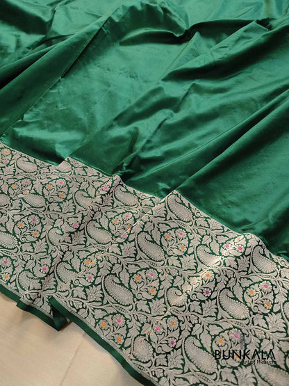 Bottle Green Meenakari Border Plain Handloom Banarasi Pure Katan Silk Saree